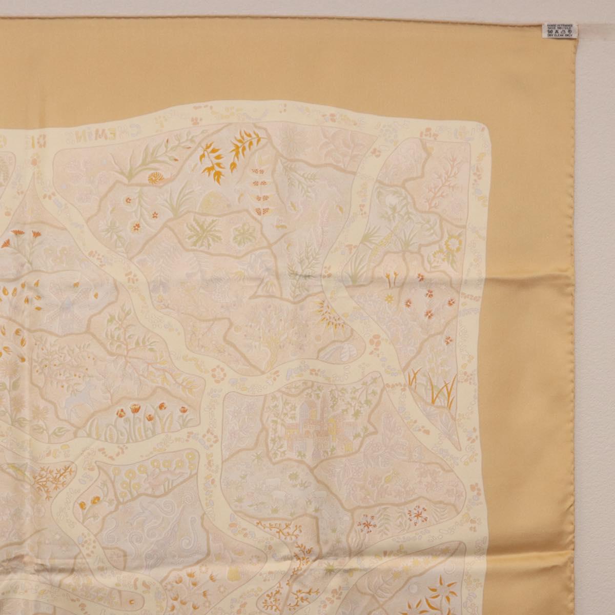 HERMES Carre 90 Scarf ""Chemins de Garrigue"" Silk Beige Yellow Auth 186915M