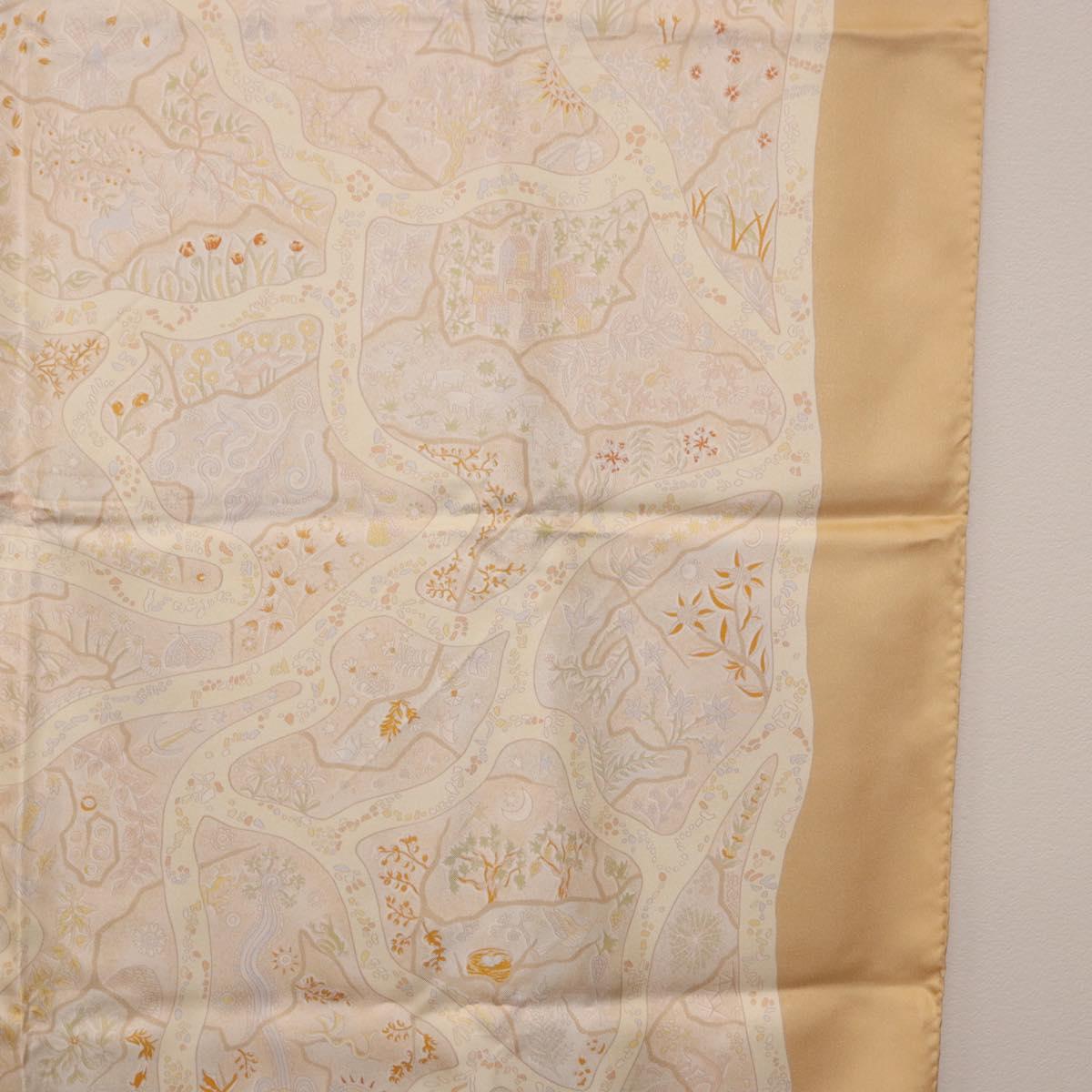 HERMES Carre 90 Scarf ""Chemins de Garrigue"" Silk Beige Yellow Auth 186915M