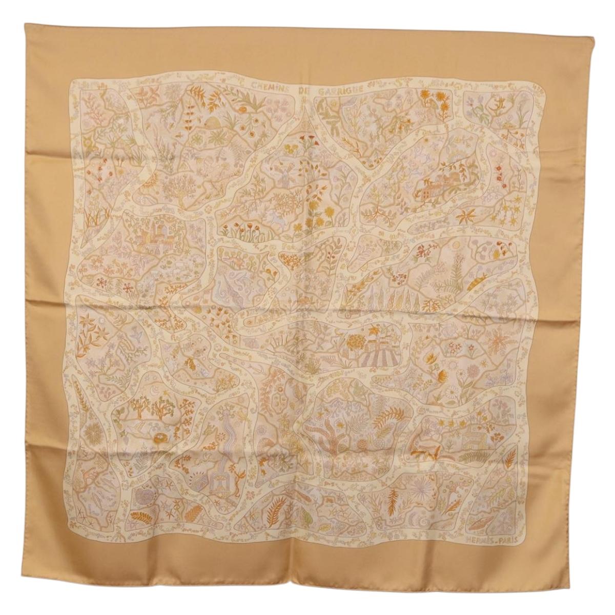 HERMES Carre 90 Scarf ""Chemins de Garrigue"" Silk Beige Yellow Auth 186915M