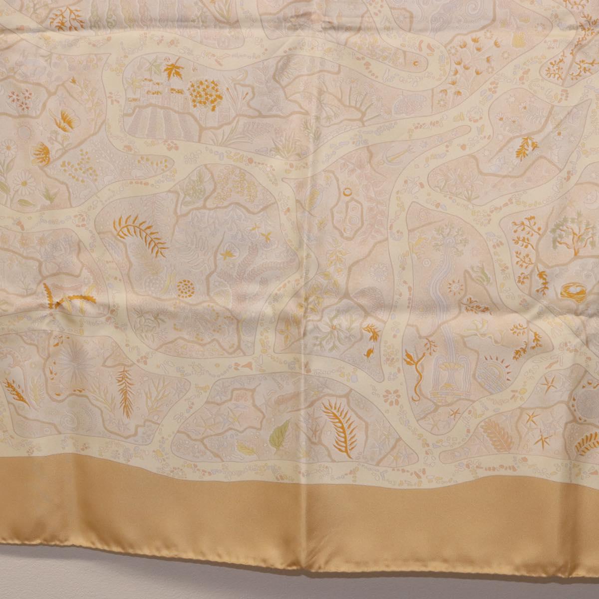 HERMES Carre 90 Scarf ""Chemins de Garrigue"" Silk Beige Yellow Auth 186915M