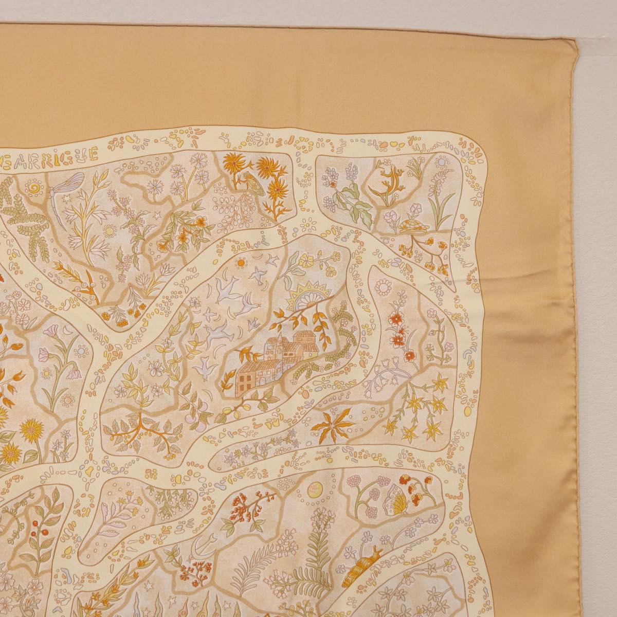 HERMES Carre 90 Scarf ""Chemins de Garrigue"" Silk Beige Yellow Auth 186915M