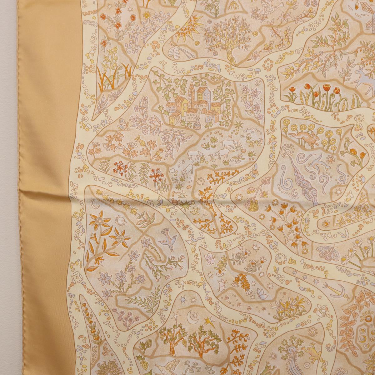 HERMES Carre 90 Scarf ""Chemins de Garrigue"" Silk Beige Yellow Auth 186915M