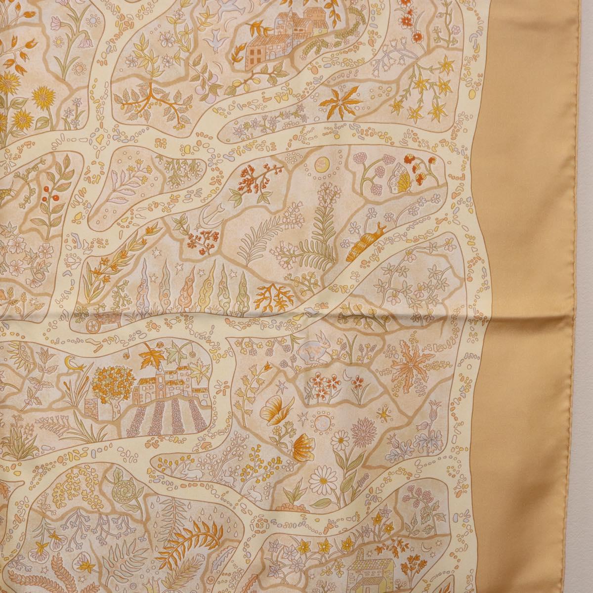 HERMES Carre 90 Scarf ""Chemins de Garrigue"" Silk Beige Yellow Auth 186915M