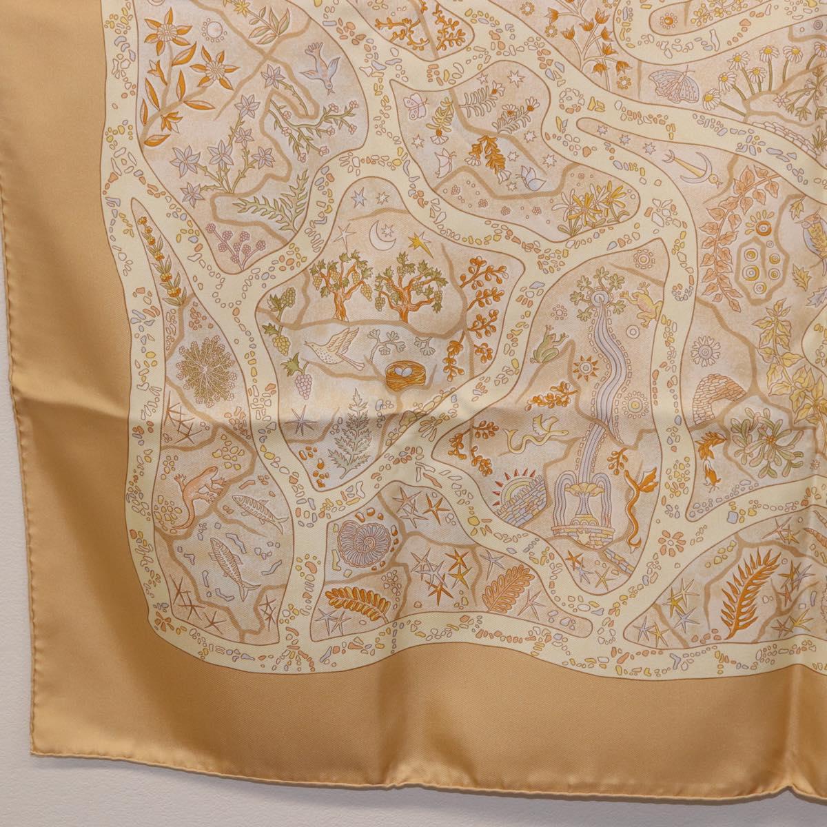 HERMES Carre 90 Scarf ""Chemins de Garrigue"" Silk Beige Yellow Auth 186915M