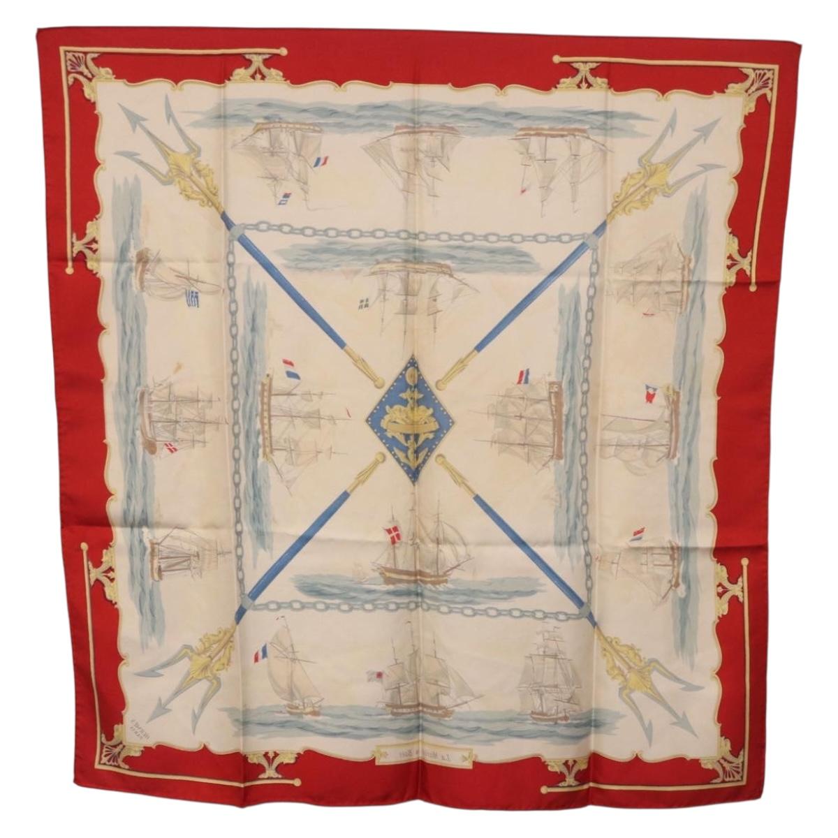 HERMES Carre 90 Scarf Silk Beige Red Auth 186939