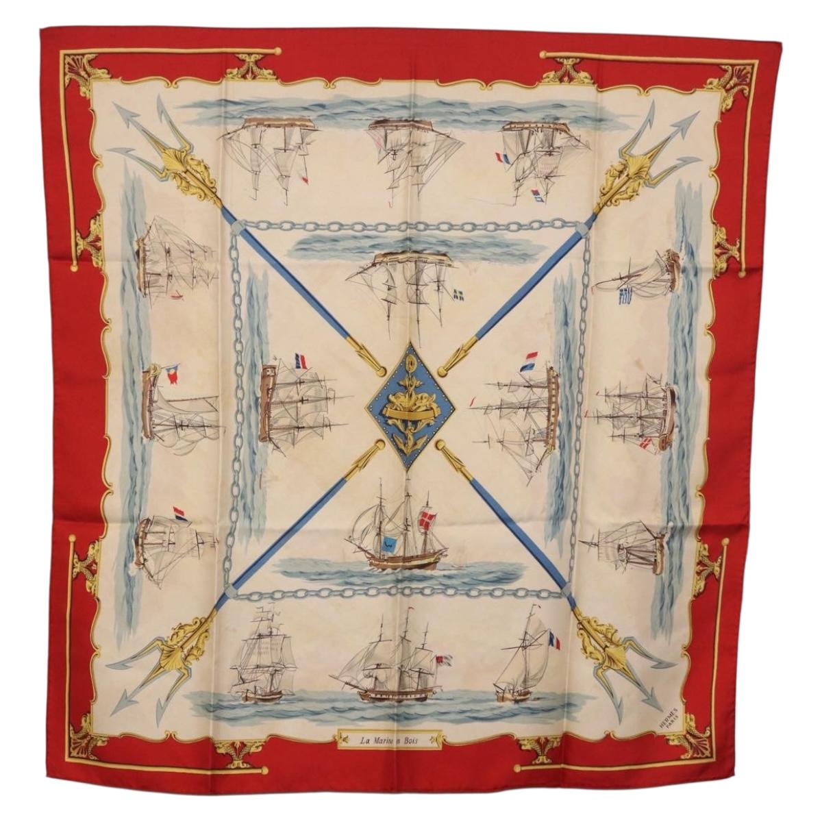 HERMES Carre 90 Scarf Silk Beige Red Auth 186939