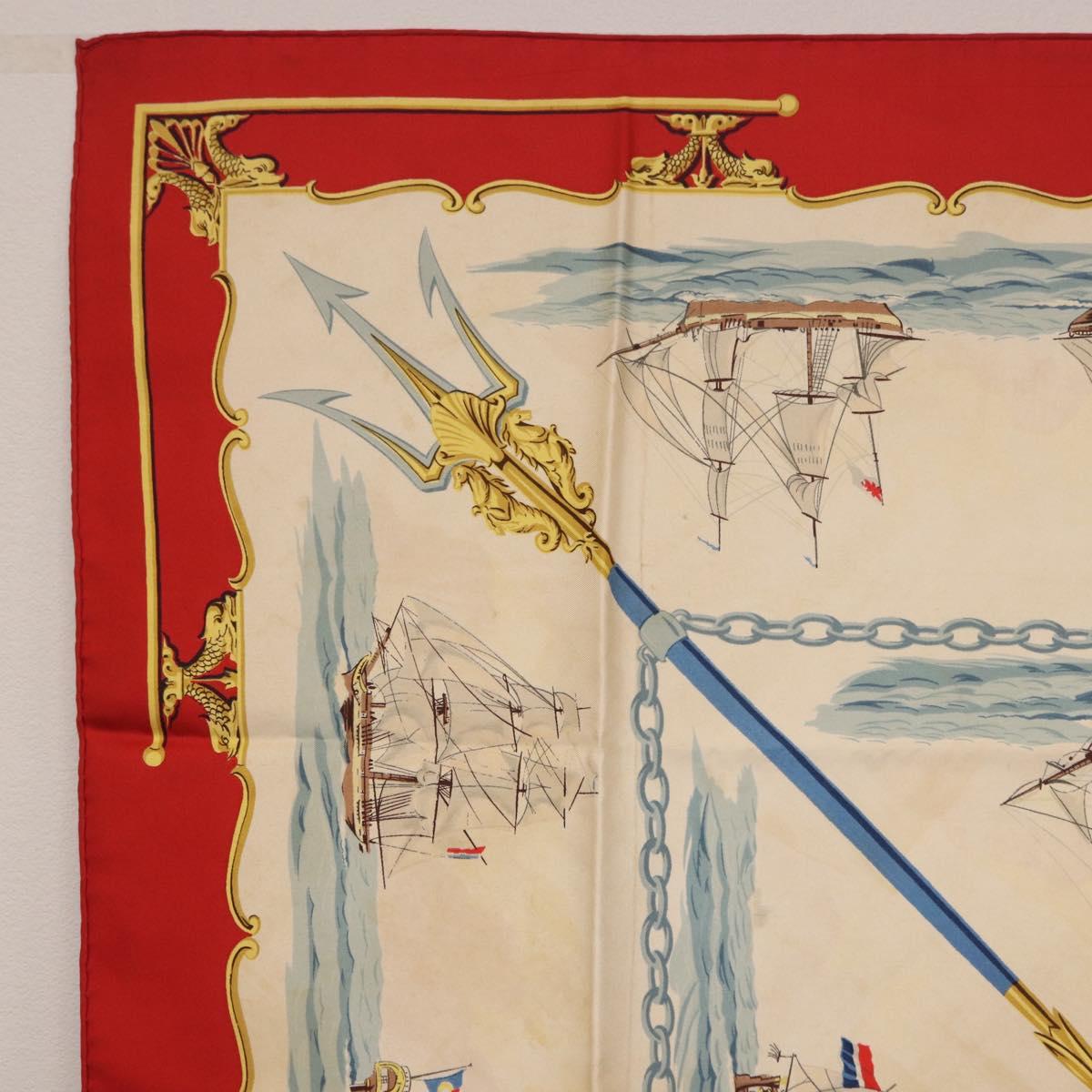 HERMES Carre 90 Scarf Silk Beige Red Auth 186939
