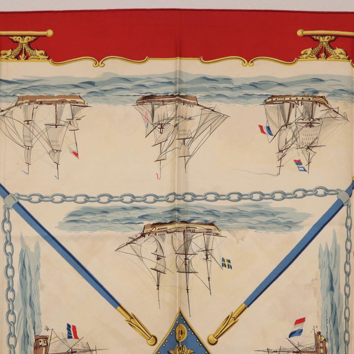 HERMES Carre 90 Scarf Silk Beige Red Auth 186939