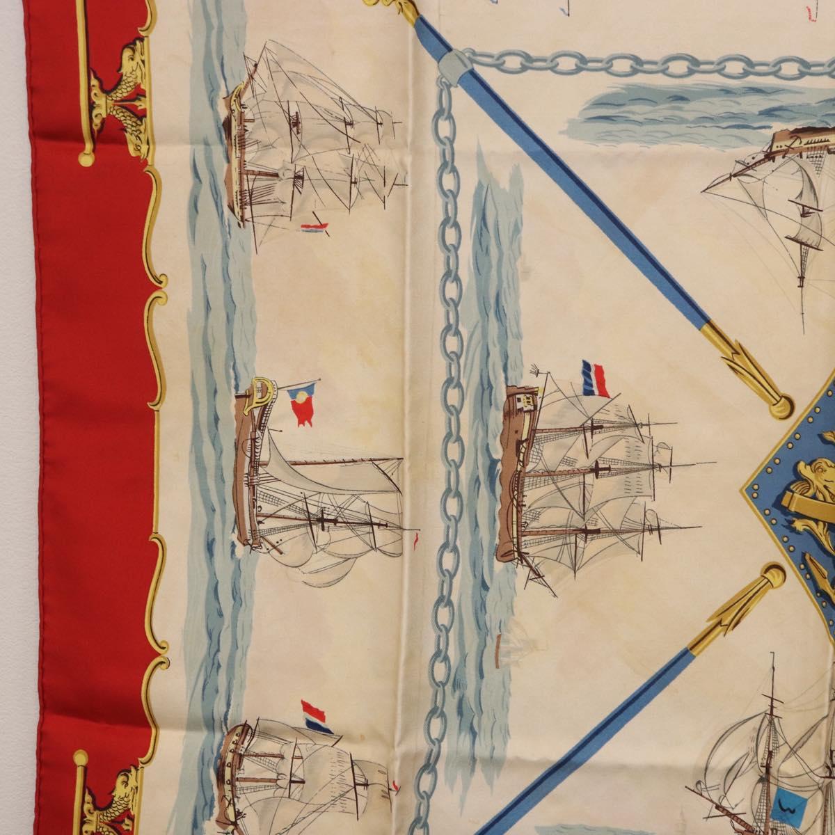 HERMES Carre 90 Scarf Silk Beige Red Auth 186939