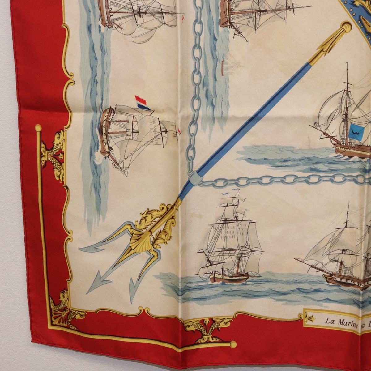 HERMES Carre 90 Scarf Silk Beige Red Auth 186939