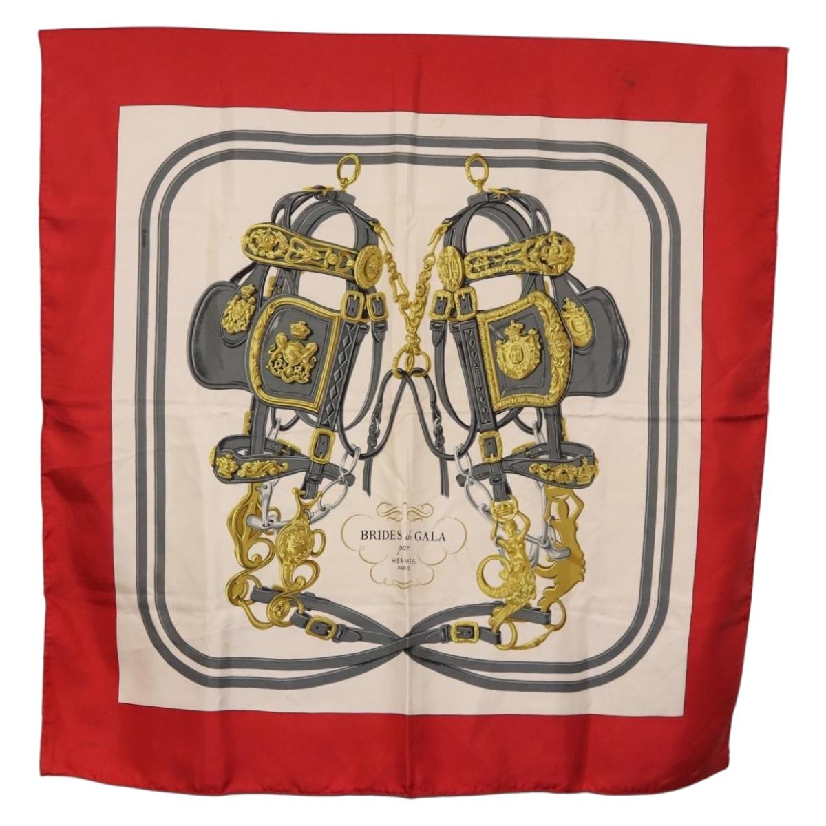 HERMES Carre 90 Scarf Silk Beige Red Auth 186940