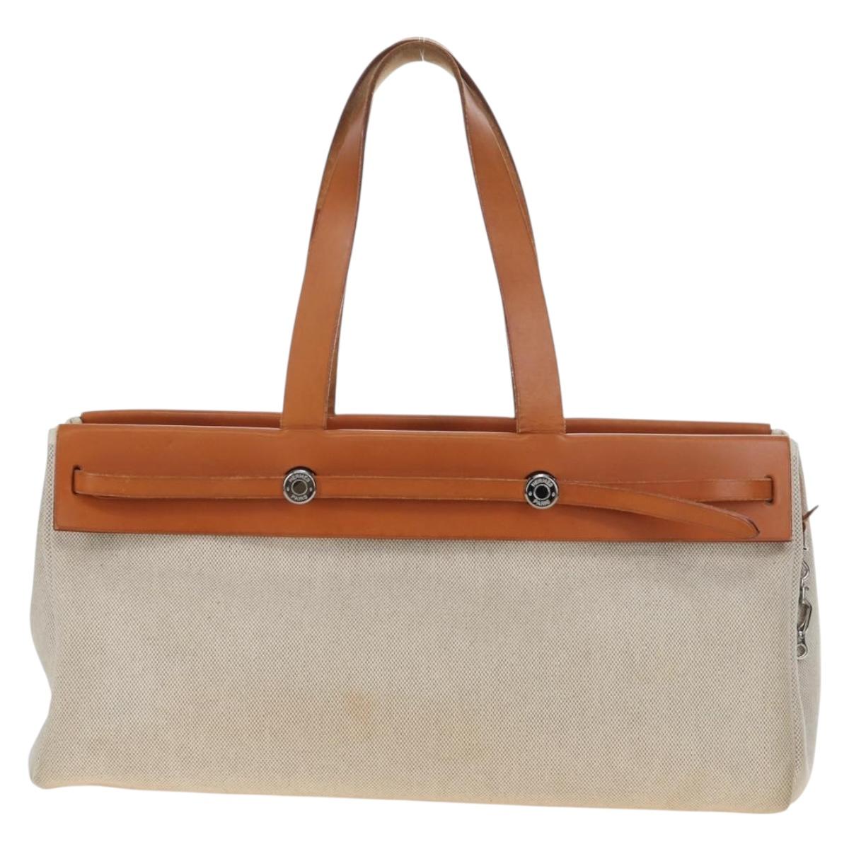 HERMES Her Bag Tote Bag Canvas Beige Brown Auth 186943V