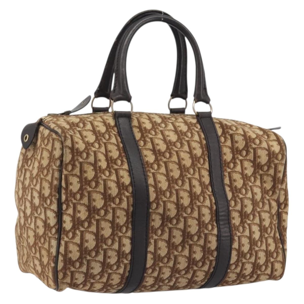 Christian Dior Trotter Canvas Boston Bag Beige Gold Auth 186961