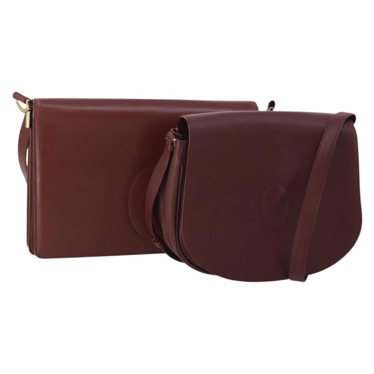 CARTIER Must Line Shoulder Bag Leather 2 Set Bordeaux Gold Auth 186999