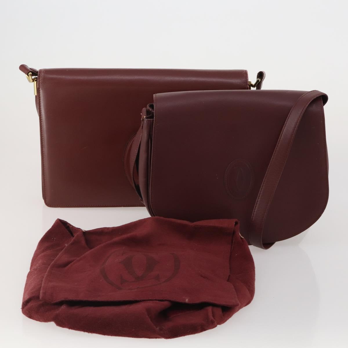 CARTIER Must Line Shoulder Bag Leather 2 Set Bordeaux Gold Auth 186999