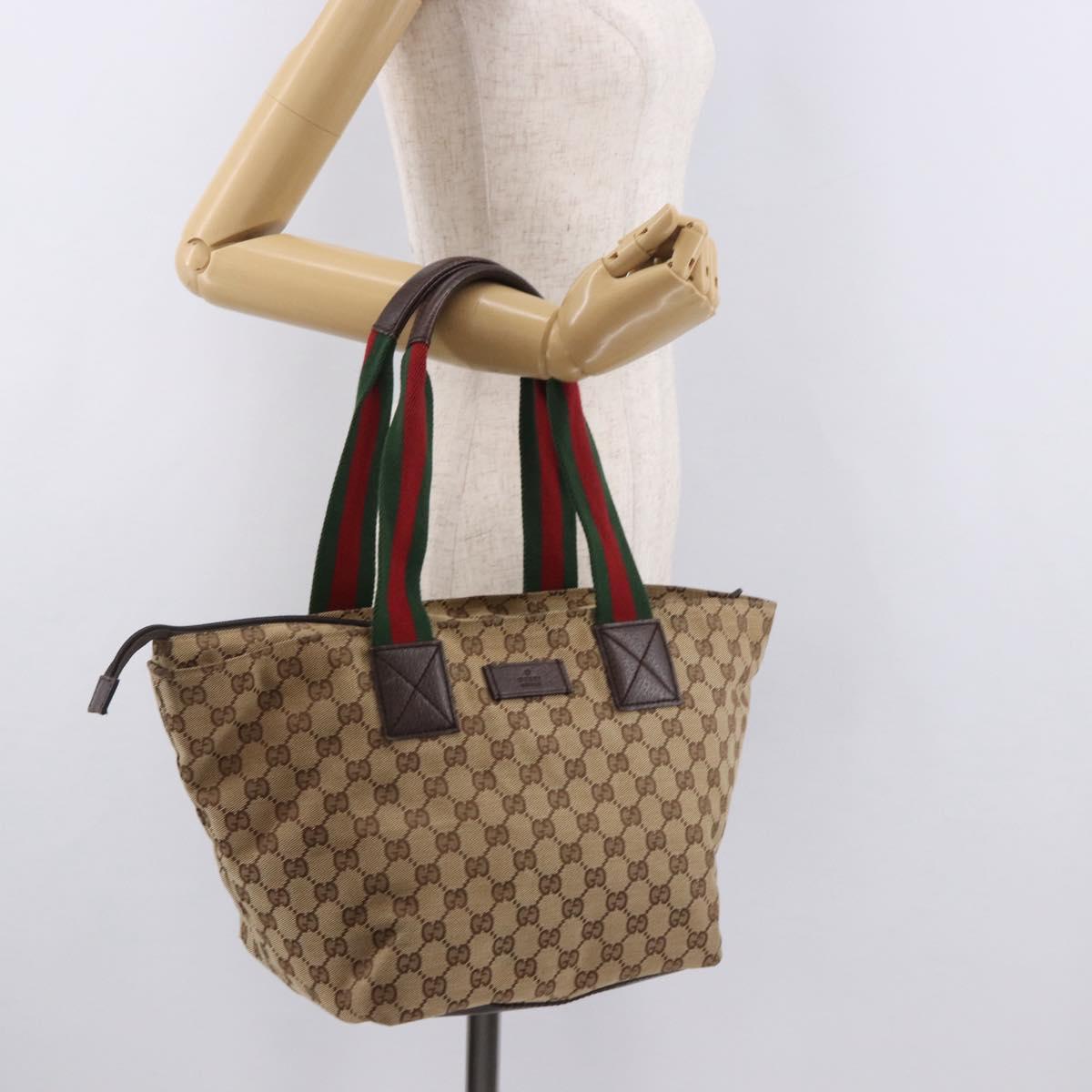 GUCCI GG Canvas Web Sherry Line Tote Bag Beige Silver Red 131230 Auth 187021
