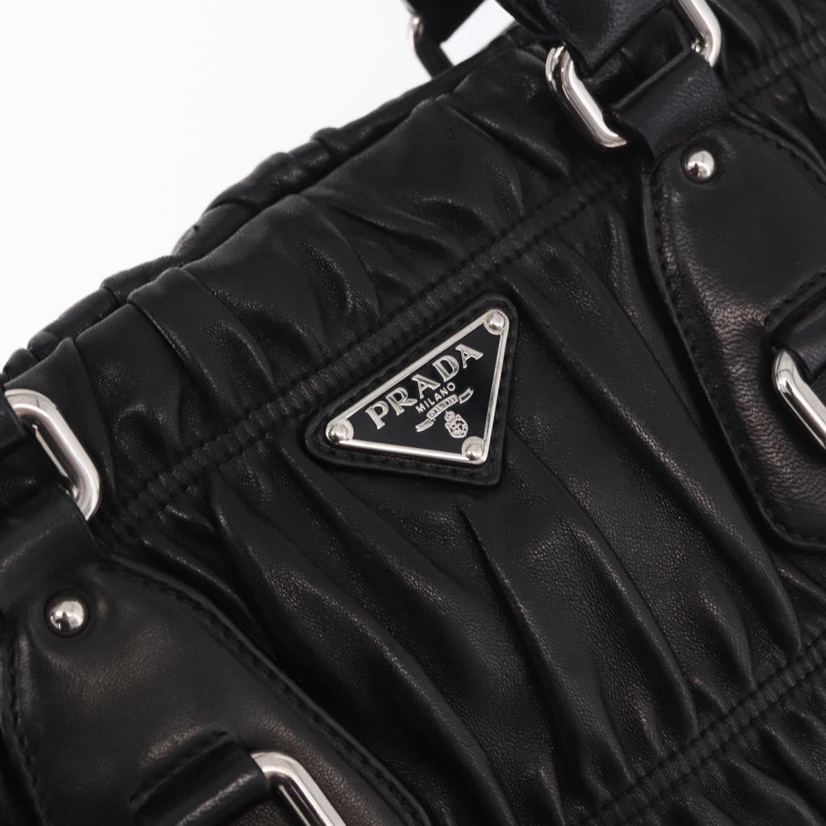 PRADA Gathered Hand Bag Lamb Skin 2way Black Silver Auth 187035SAV