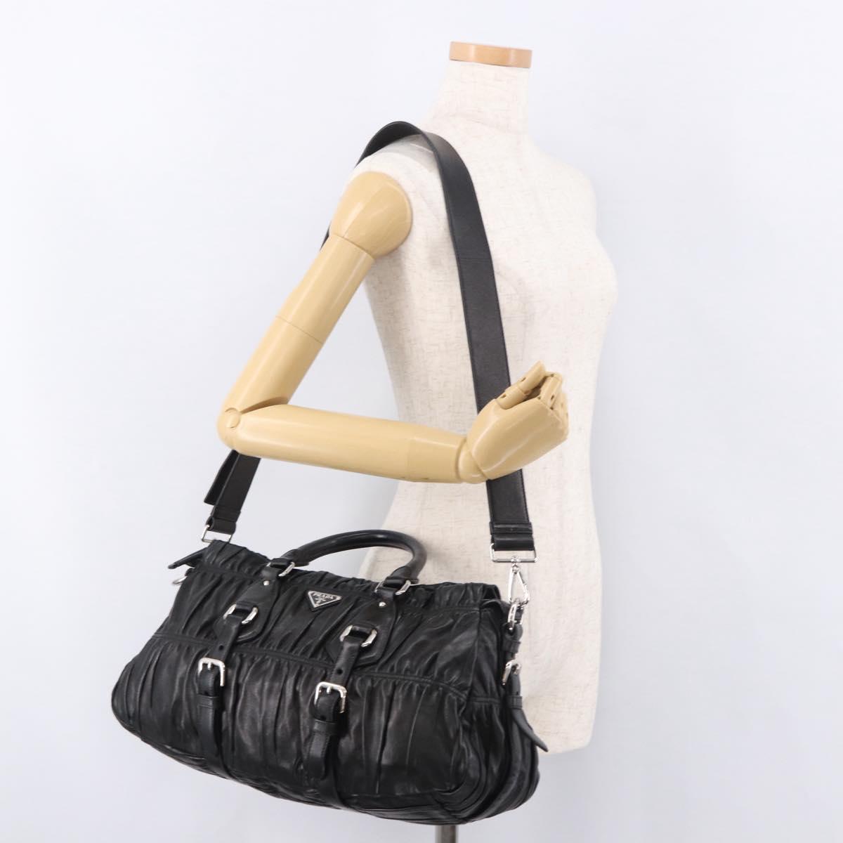 PRADA Gathered Hand Bag Lamb Skin 2way Black Silver Auth 187035SAV