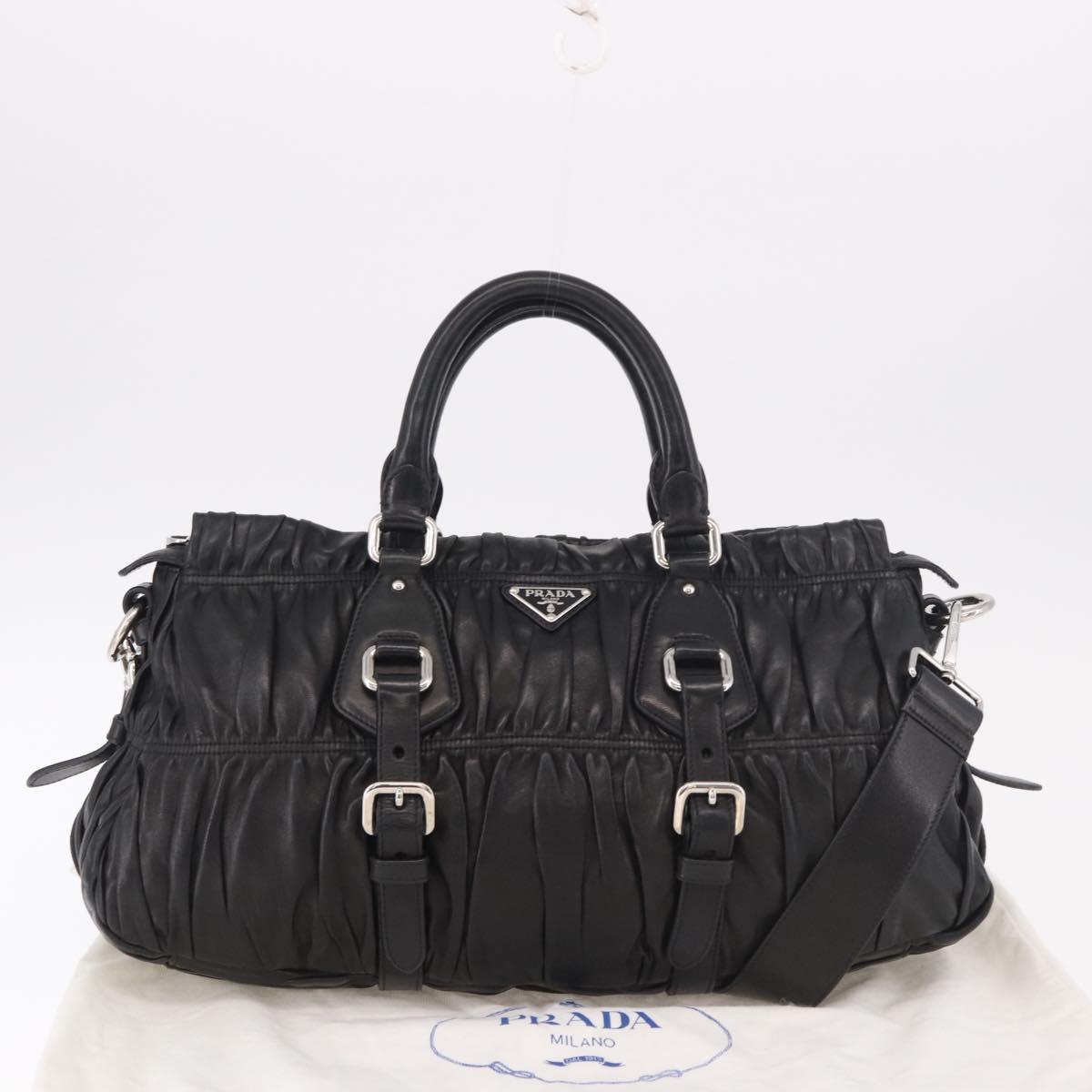 PRADA Gathered Hand Bag Lamb Skin 2way Black Silver Auth 187035SAV