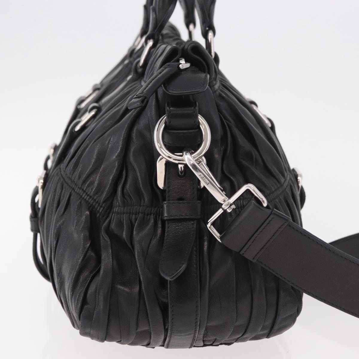 PRADA Gathered Hand Bag Lamb Skin 2way Black Silver Auth 187035SAV