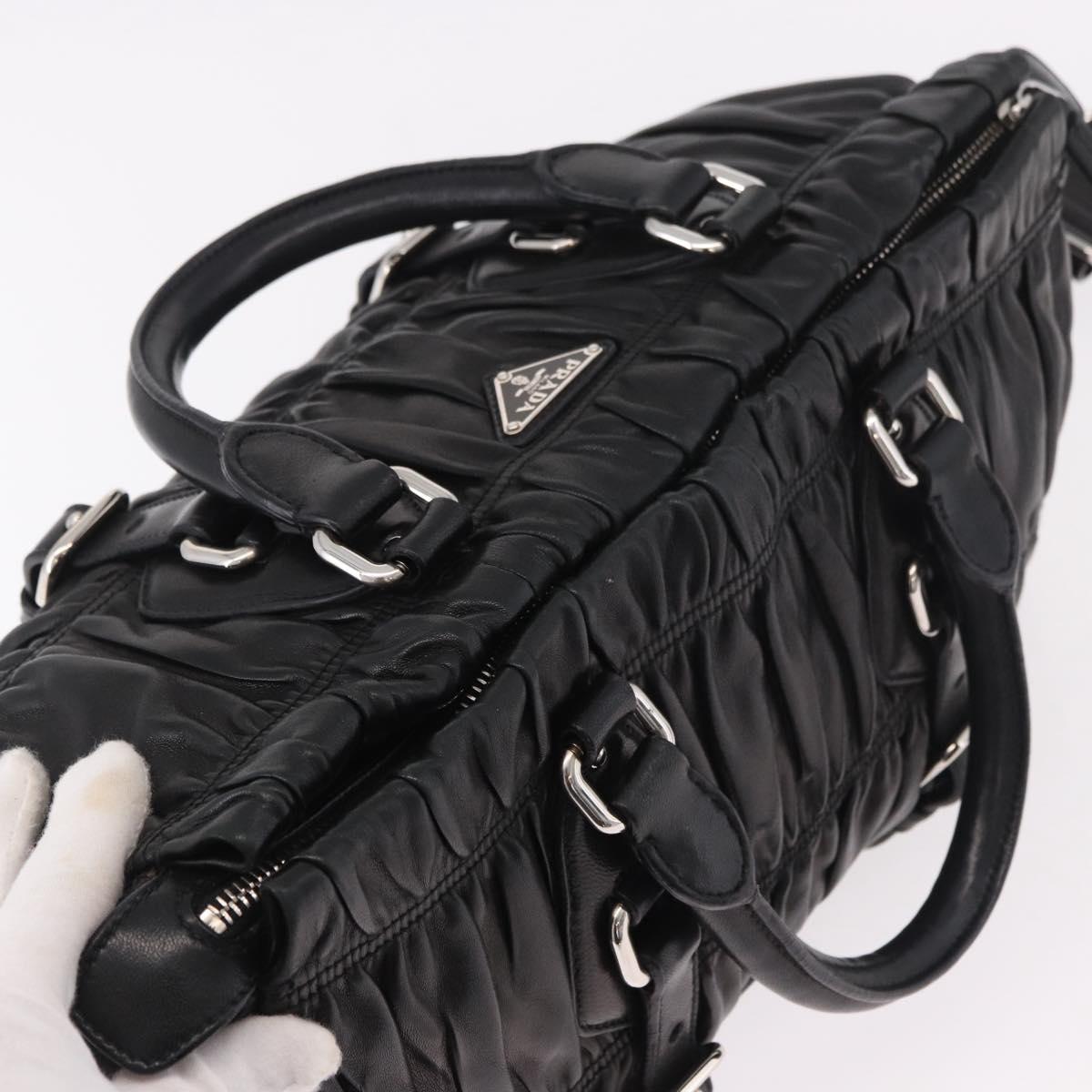 PRADA Gathered Hand Bag Lamb Skin 2way Black Silver Auth 187035SAV