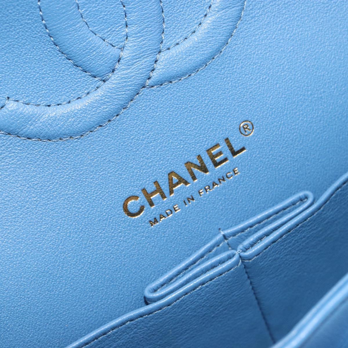 CHANEL Chain Double Flap Matelasse 25 Bag Lamb Skin Blue Gold CC Auth 187037SAM