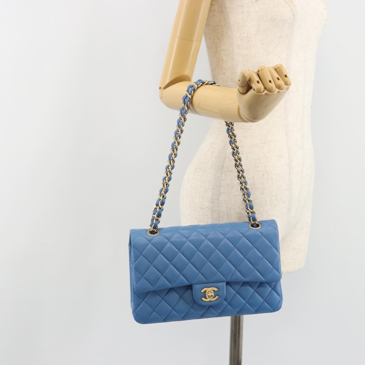 CHANEL Chain Double Flap Matelasse 25 Bag Lamb Skin Blue Gold CC Auth 187037SAM
