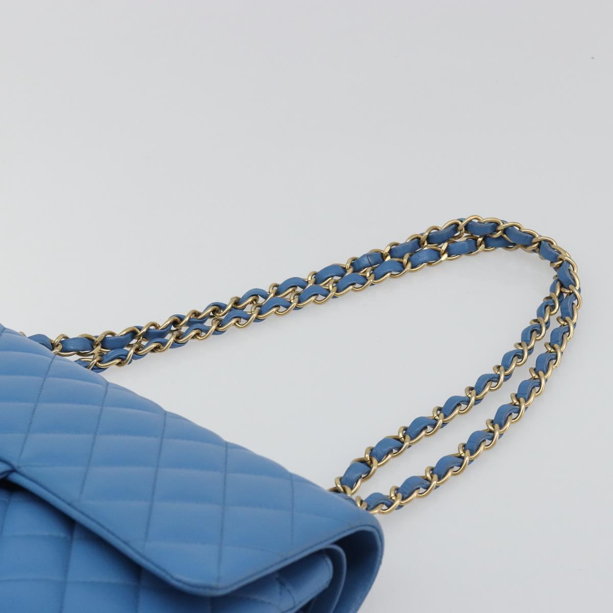 CHANEL Chain Double Flap Matelasse 25 Bag Lamb Skin Blue Gold CC Auth 187037SAM
