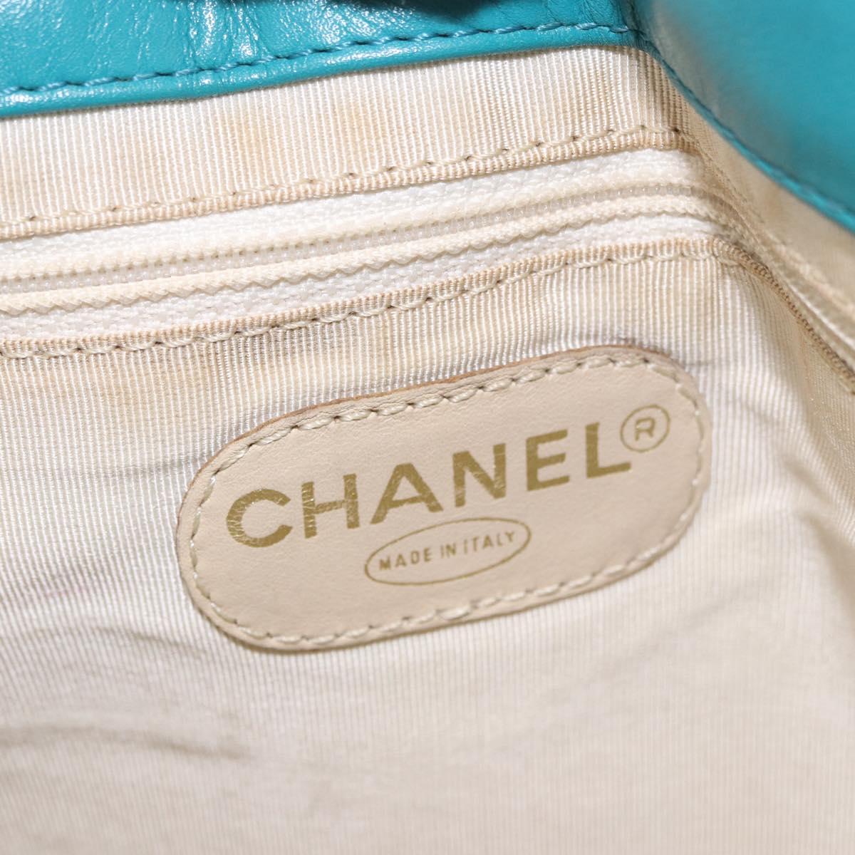 CHANEL Tortoise Pattern Chain Tote Bag Lamb Skin Turquoise Blue CC Auth 187038A