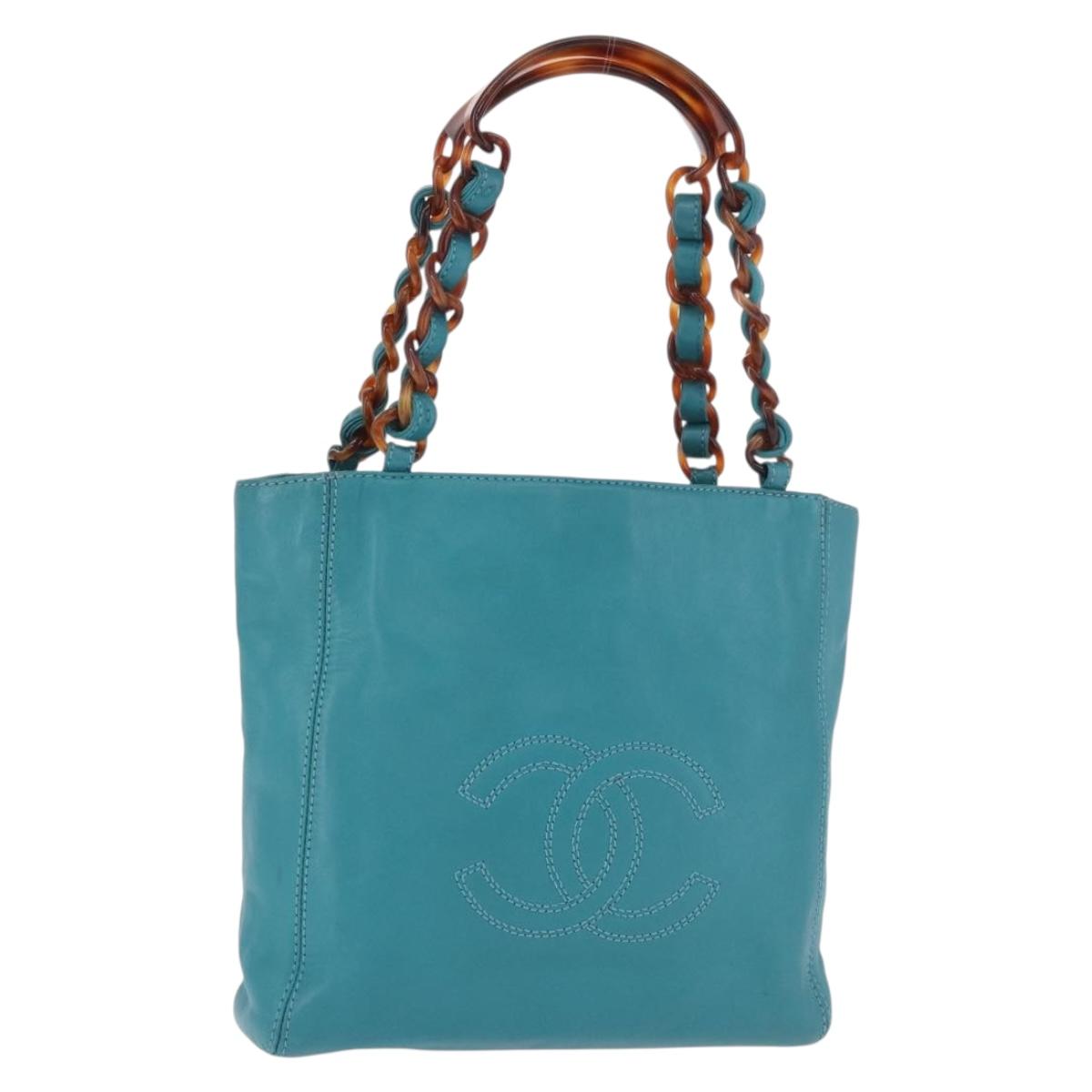 CHANEL Tortoise Pattern Chain Tote Bag Lamb Skin Turquoise Blue CC Auth 187038A
