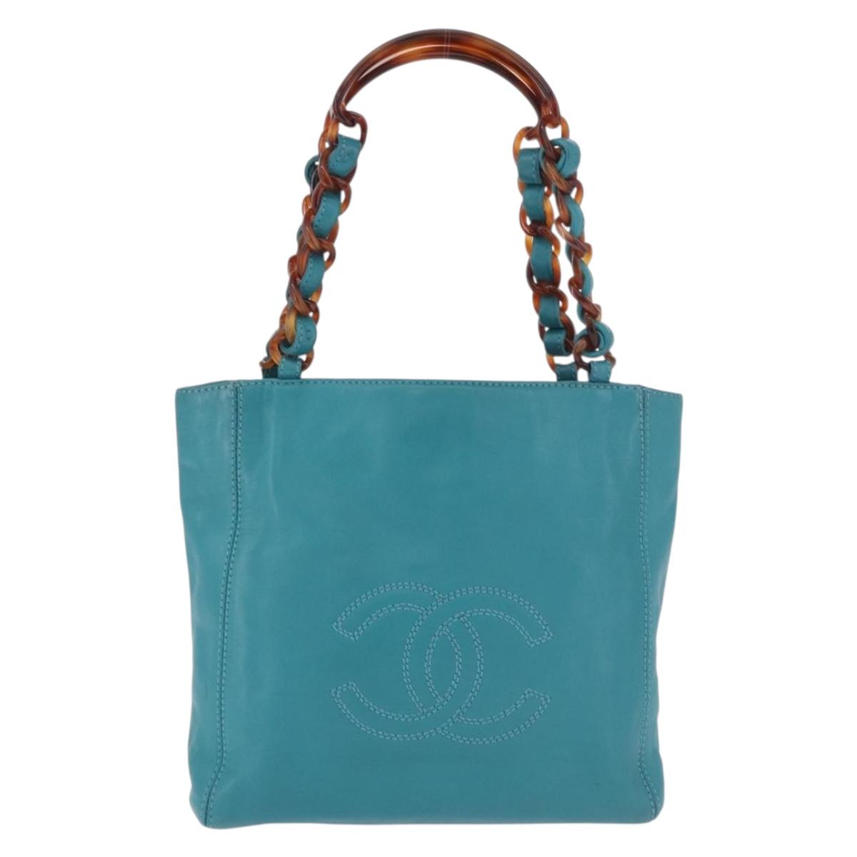 CHANEL Tortoise Pattern Chain Tote Bag Lamb Skin Turquoise Blue CC Auth 187038A