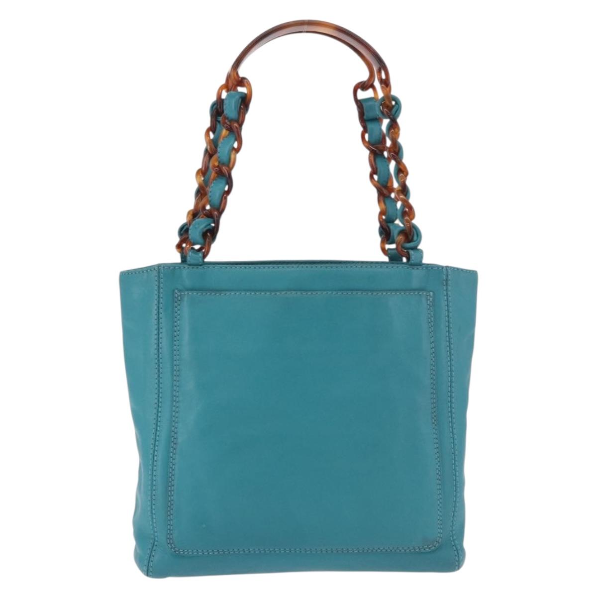 CHANEL Tortoise Pattern Chain Tote Bag Lamb Skin Turquoise Blue CC Auth 187038A