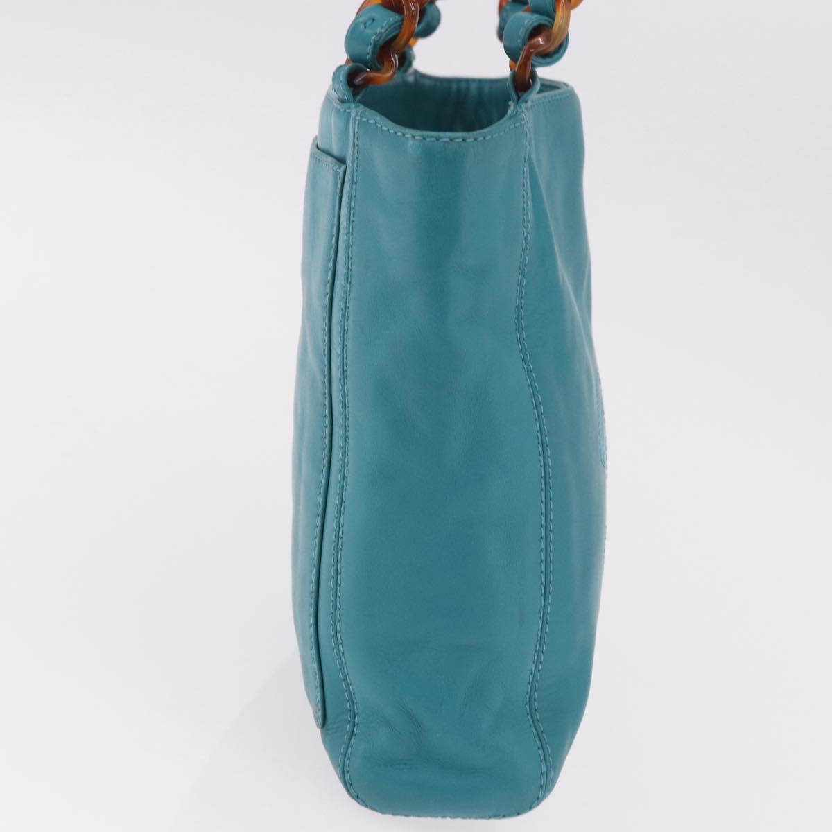 CHANEL Tortoise Pattern Chain Tote Bag Lamb Skin Turquoise Blue CC Auth 187038A