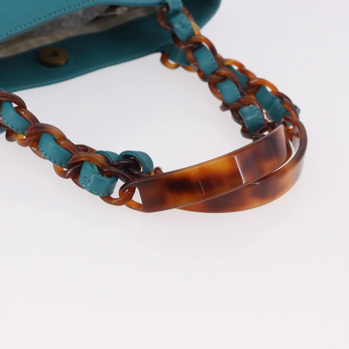 CHANEL Tortoise Pattern Chain Tote Bag Lamb Skin Turquoise Blue CC Auth 187038A