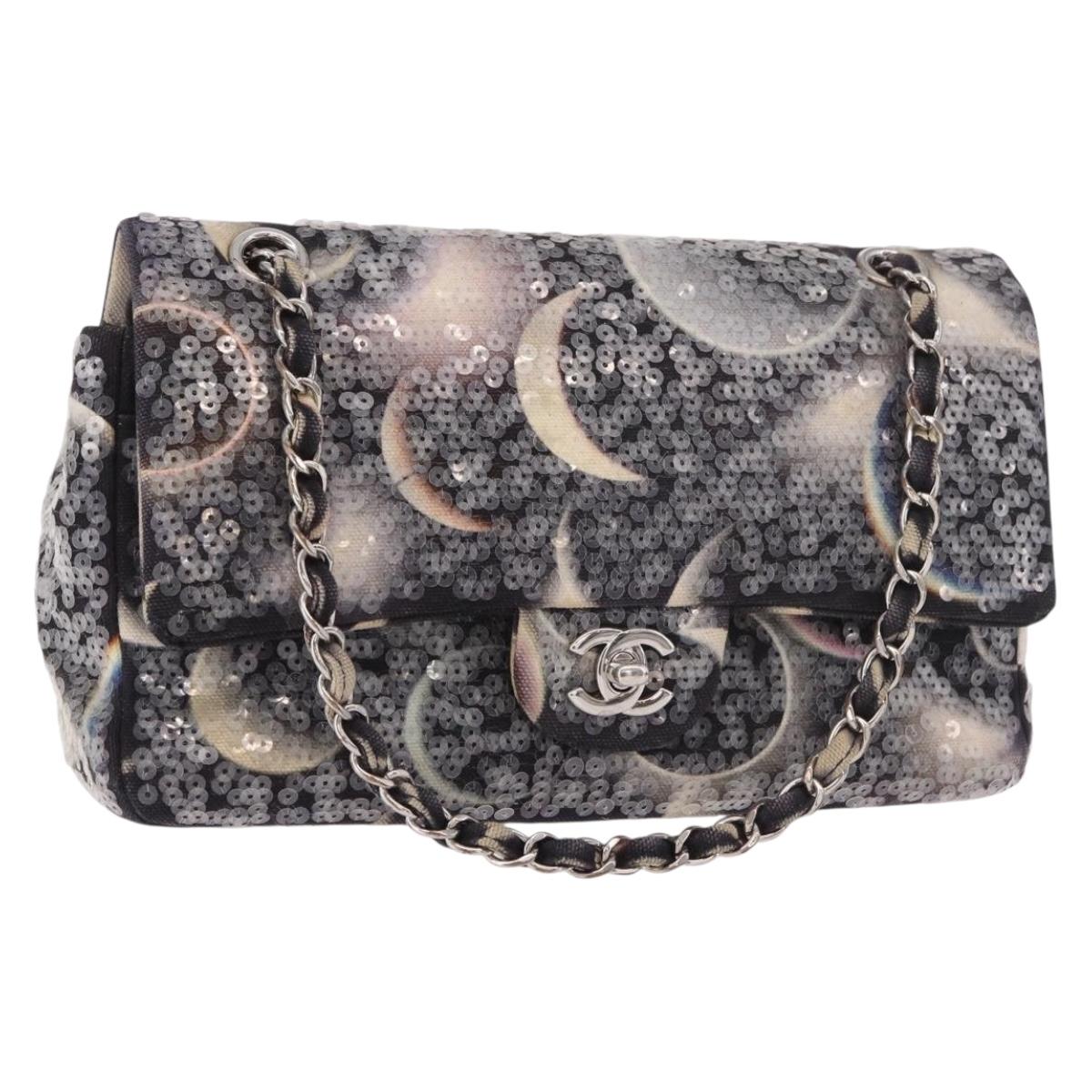 CHANEL Double Flap Chain Space Pattern Bag Canvas Black Silver CC Auth 187039SAM