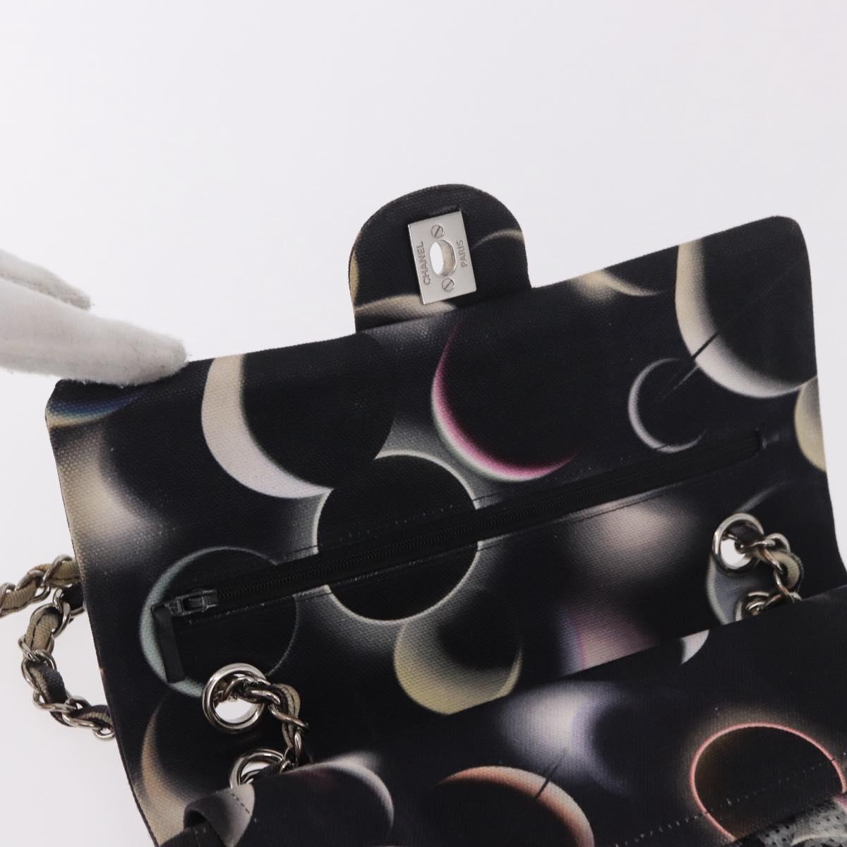 CHANEL Double Flap Chain Space Pattern Bag Canvas Black Silver CC Auth 187039SAM