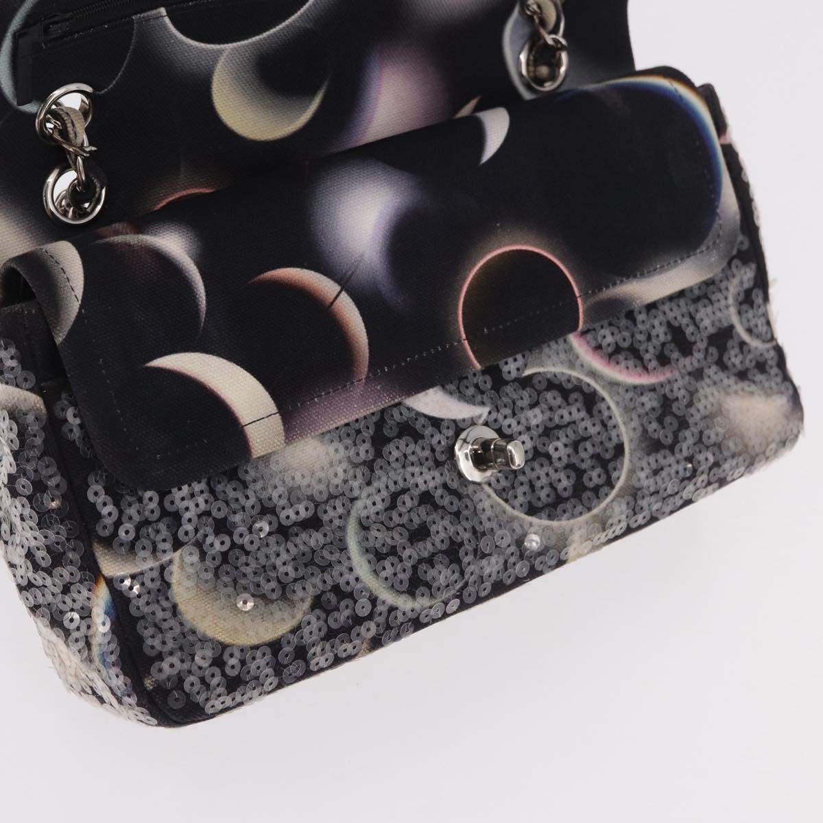 CHANEL Double Flap Chain Space Pattern Bag Canvas Black Silver CC Auth 187039SAM