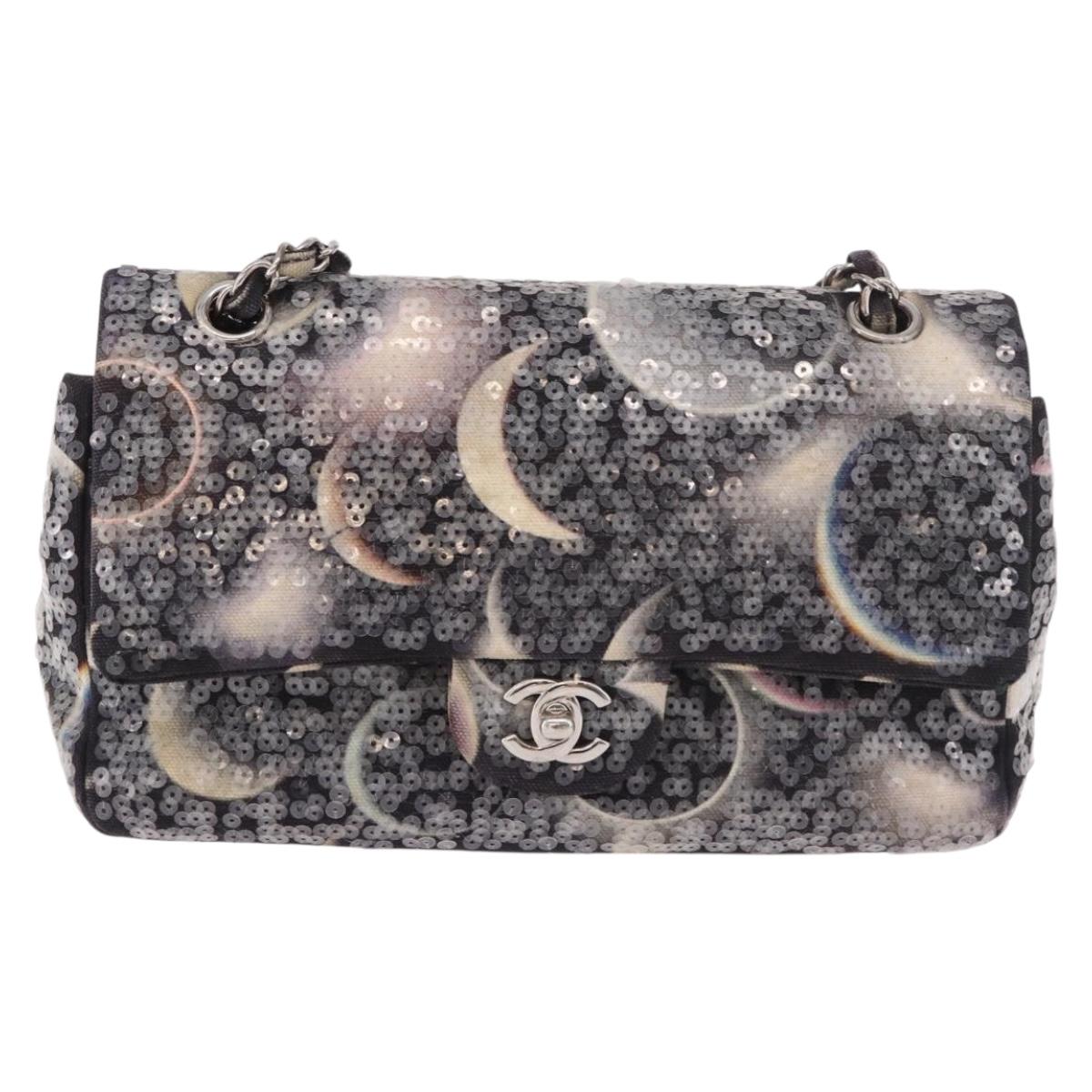 CHANEL Double Flap Chain Space Pattern Bag Canvas Black Silver CC Auth 187039SAM