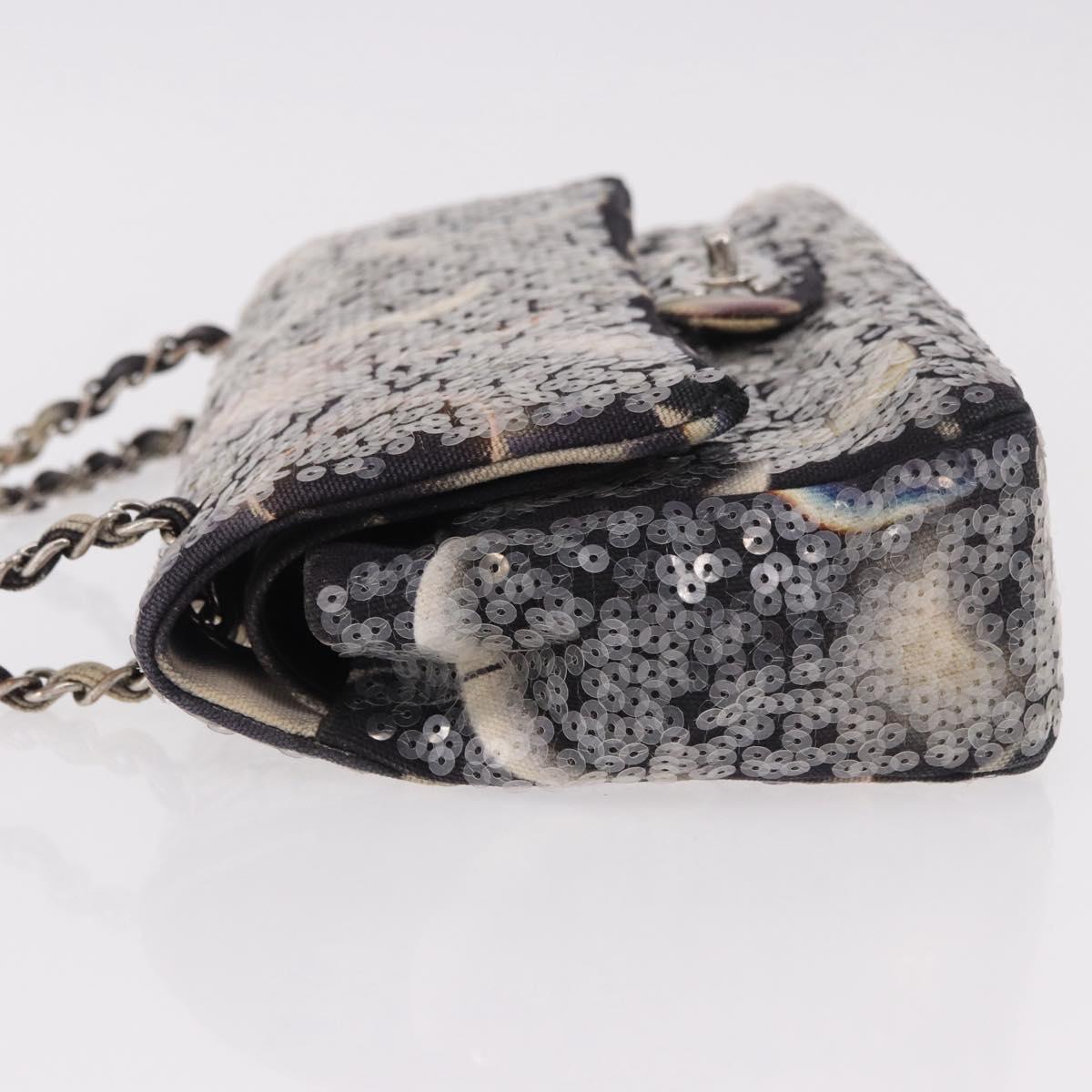 CHANEL Double Flap Chain Space Pattern Bag Canvas Black Silver CC Auth 187039SAM