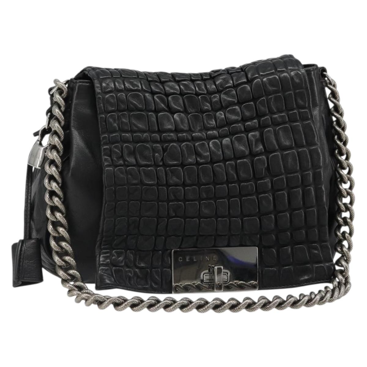 CELINE Chain Shoulder Bag Leather Black Silver Auth 187041SAV