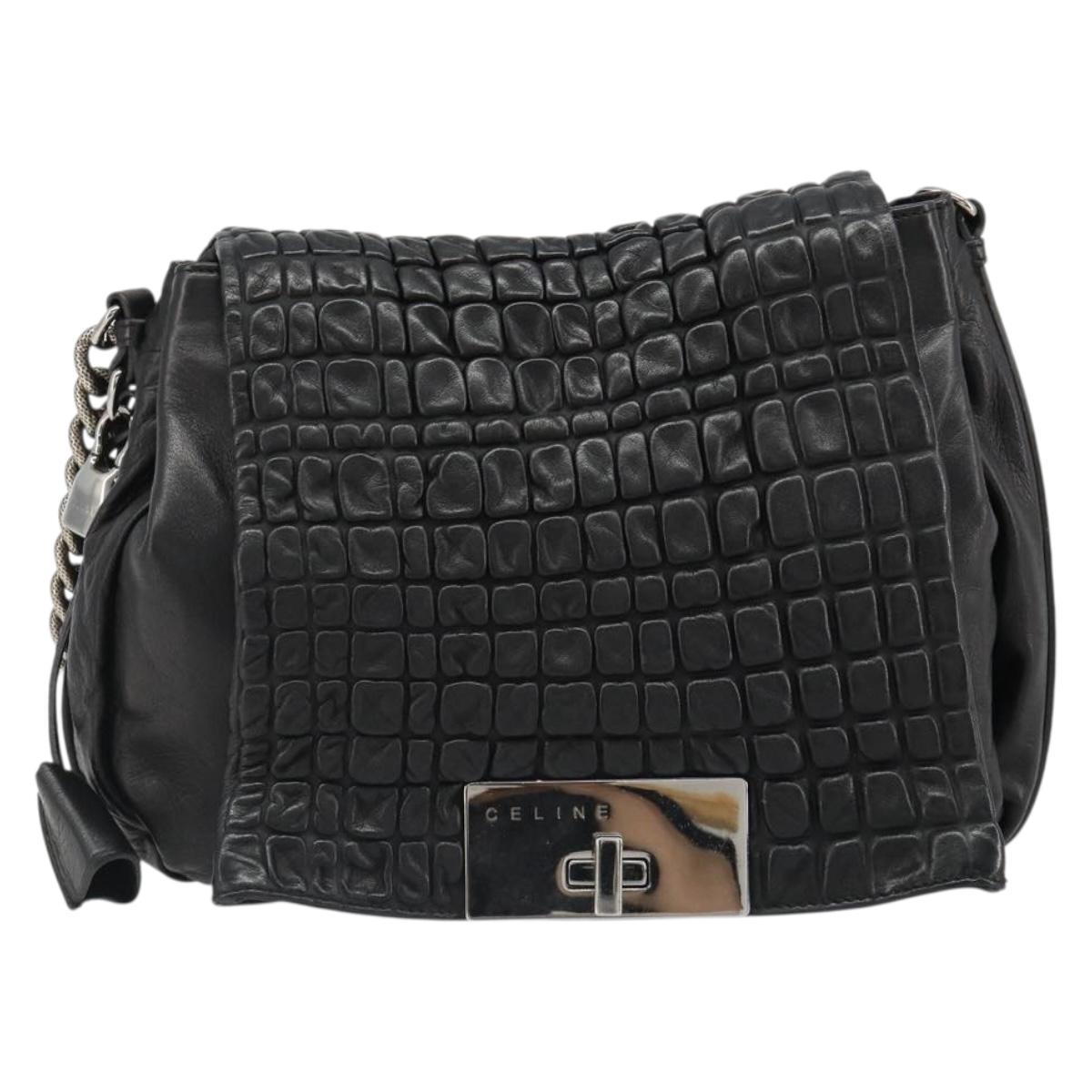 CELINE Chain Shoulder Bag Leather Black Silver Auth 187041SAV