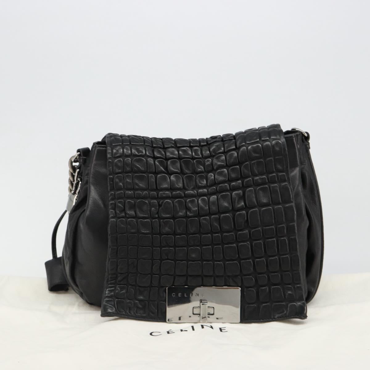 CELINE Chain Shoulder Bag Leather Black Silver Auth 187041SAV
