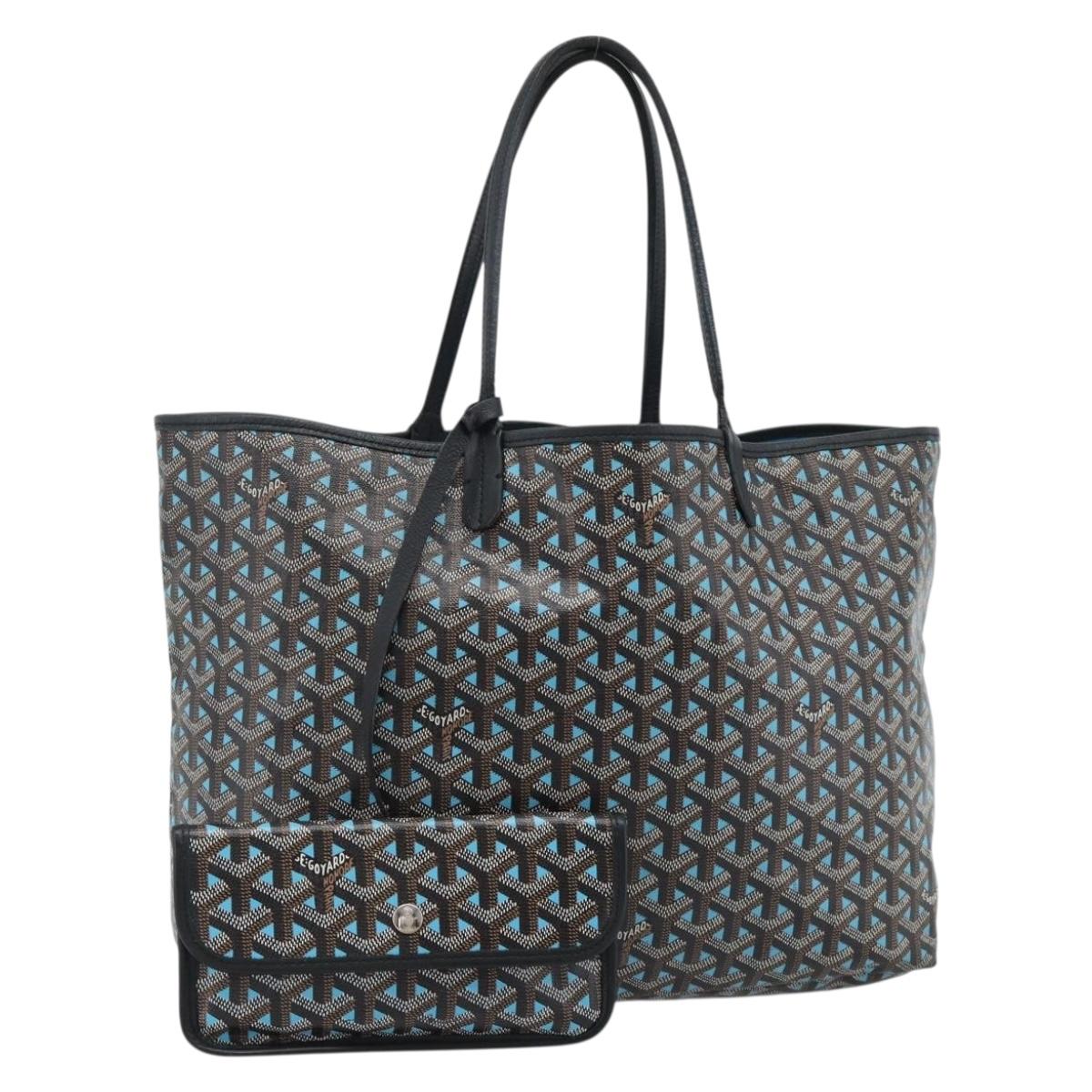 GOYARD Herringbone Saint Louis PM Tote Bag PVC Turquoise Blue Silver Auth 187046