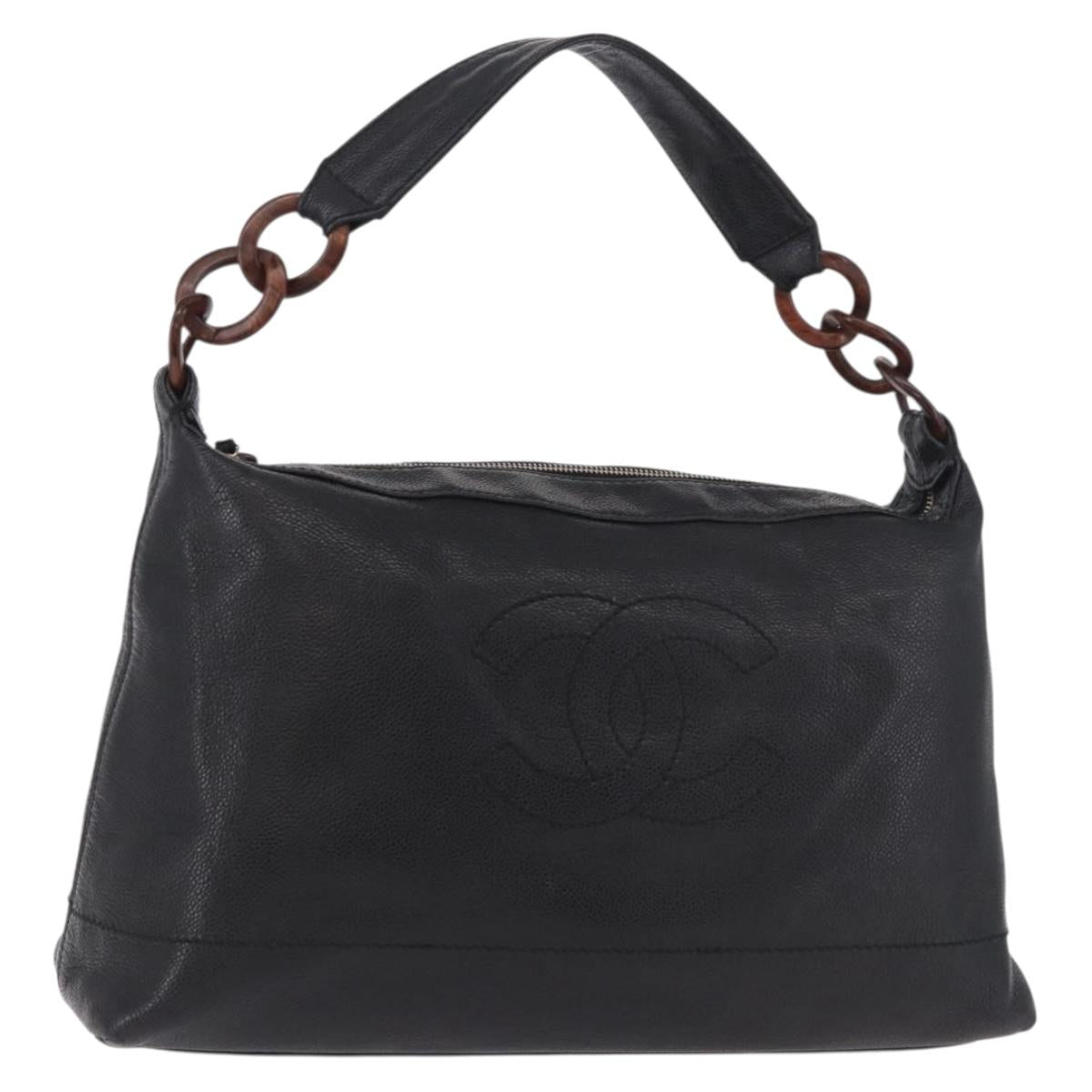 CHANEL Chain Shoulder Bag Caviar Skin Black Gold CC Auth 187048SAV