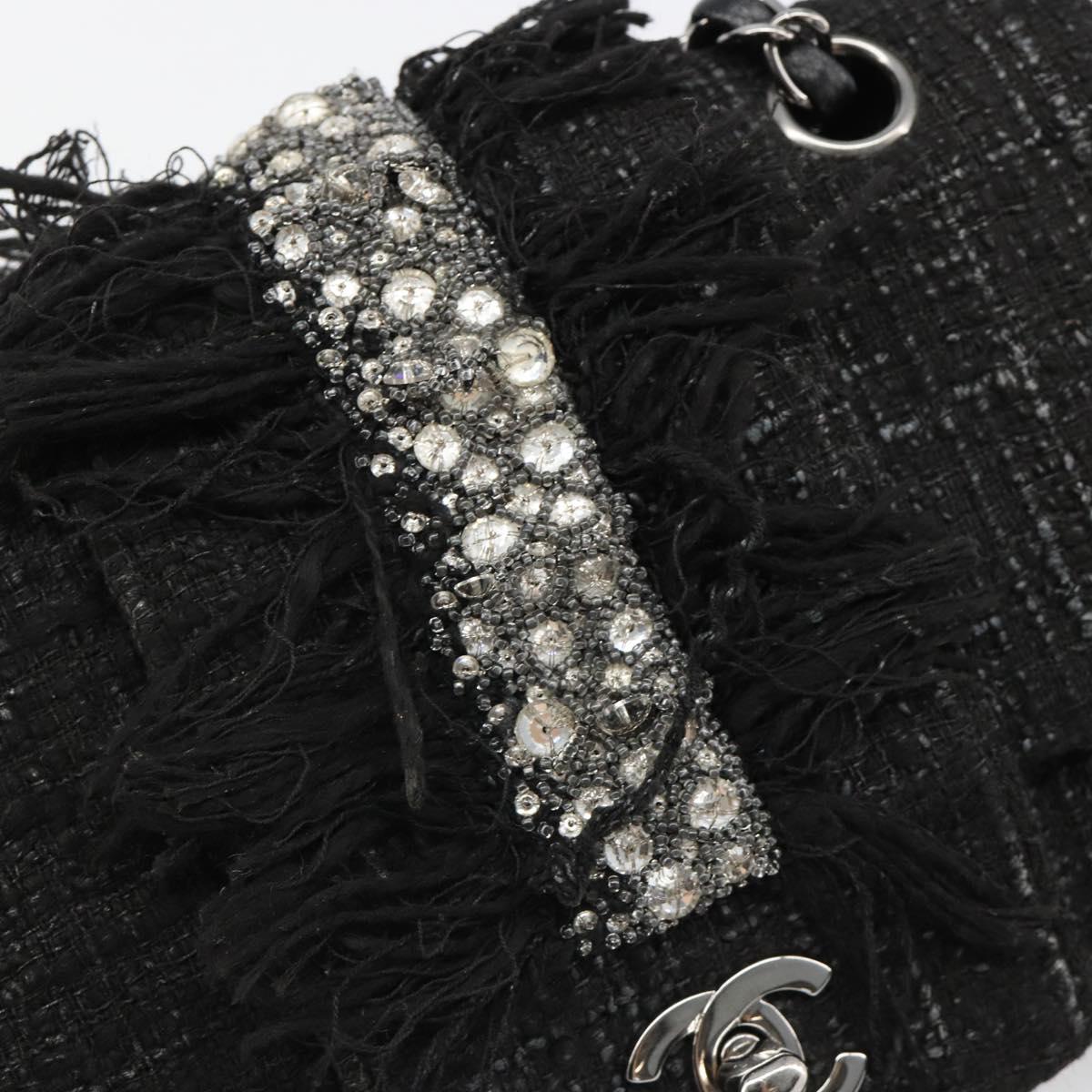 CHANEL Chain Shoulder Bag Tweed Silver Black CC Auth 187052SAM