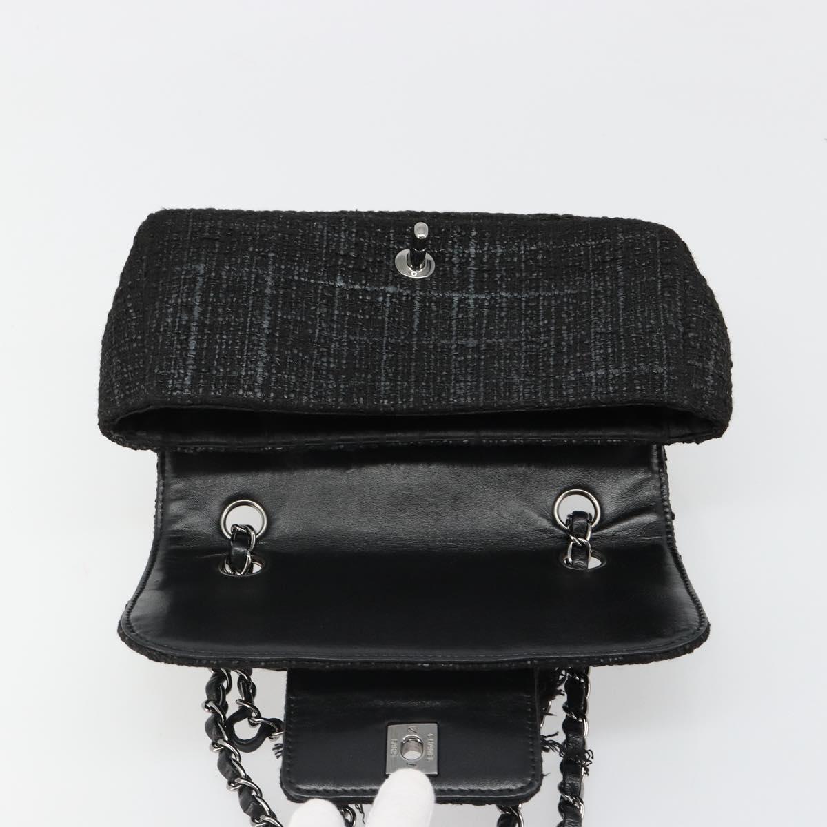 CHANEL Chain Shoulder Bag Tweed Silver Black CC Auth 187052SAM