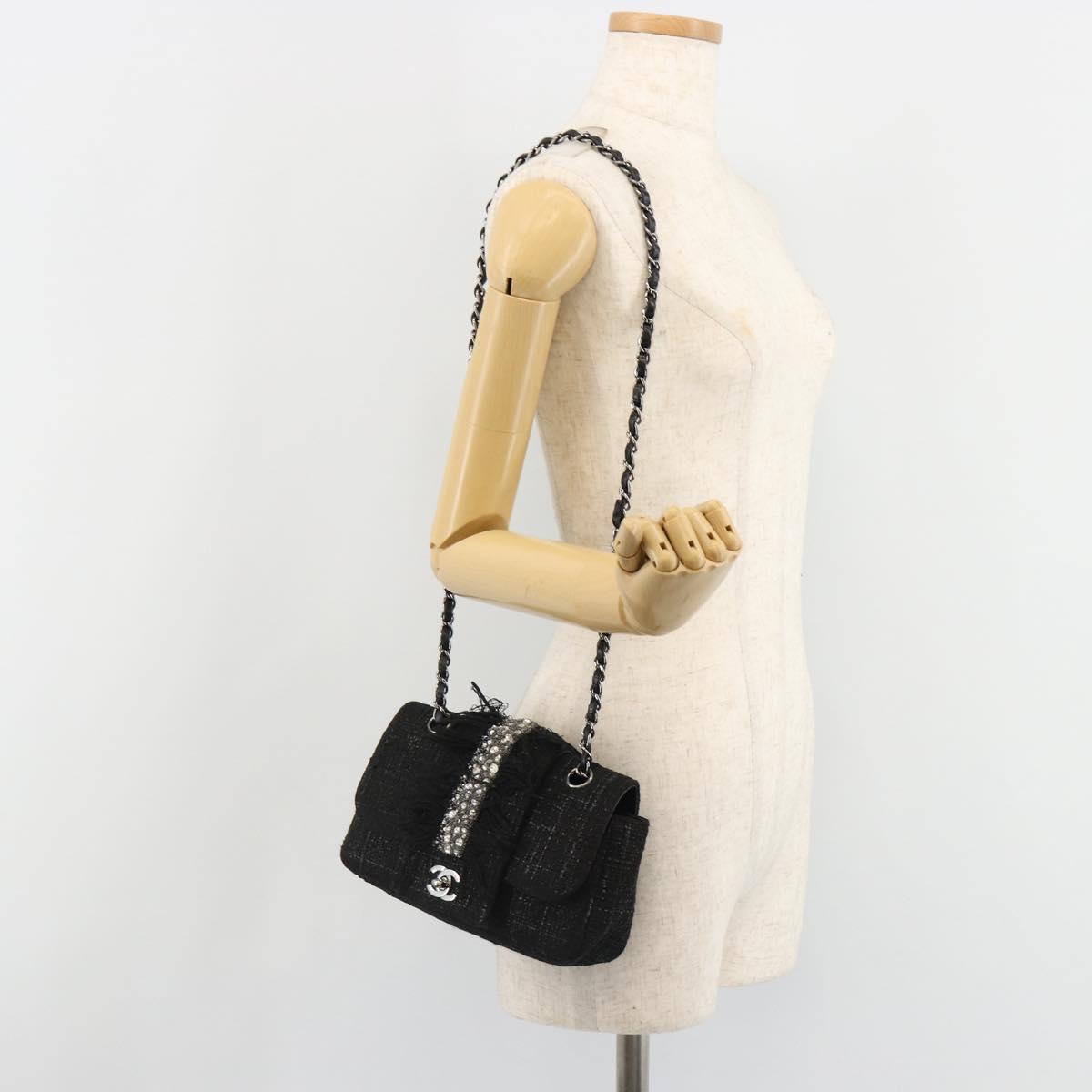 CHANEL Chain Shoulder Bag Tweed Silver Black CC Auth 187052SAM