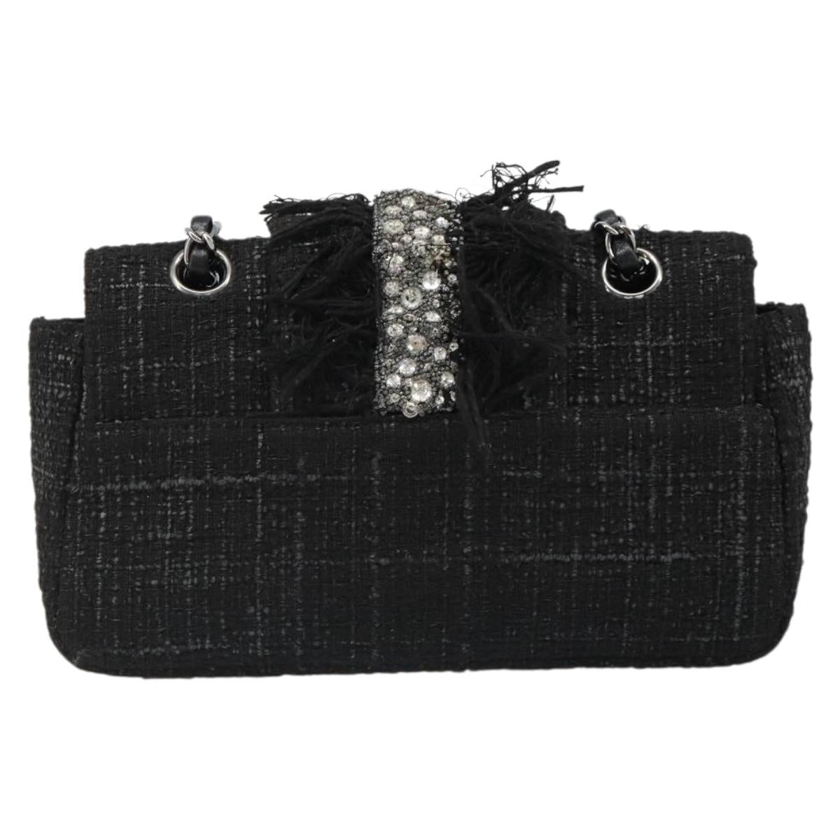 CHANEL Chain Shoulder Bag Tweed Silver Black CC Auth 187052SAM