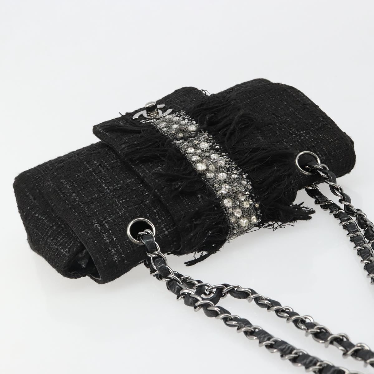 CHANEL Chain Shoulder Bag Tweed Silver Black CC Auth 187052SAM