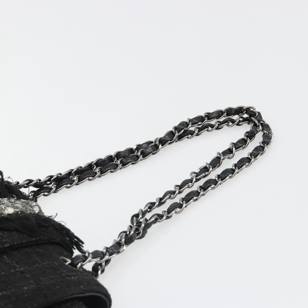 CHANEL Chain Shoulder Bag Tweed Silver Black CC Auth 187052SAM